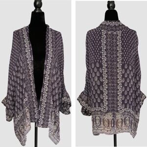 Anthropologie Gypsy Sand Navy Blue Chiffon Block Border Print Wrap Cardigan OS